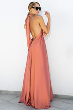Halter Neck Ring Detail Draped Satin Maxi Dress