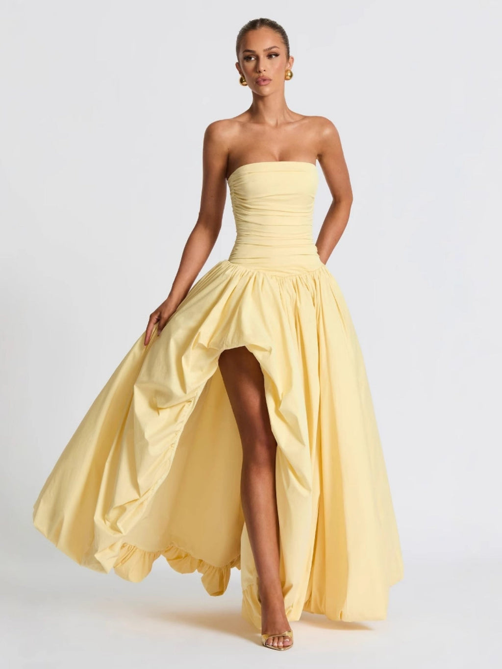 Pleated Slit Strapless Straps Maxi Dresses