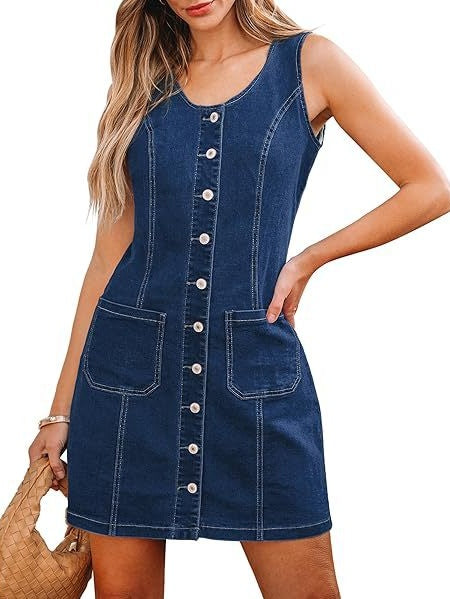 Sleeveless, Fitted Denim Button-down Short Dress With Patch Pockets