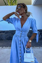Denim Deep V-Neck Puff Sleeve Button Front Split Midi Dress