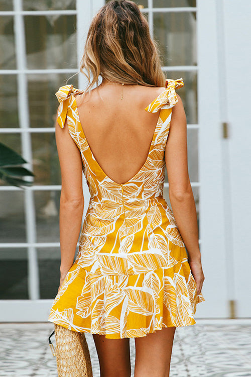 Tropical Leaf Print Square Neck Tie Shoulder Ruffle Hem Mini Dress