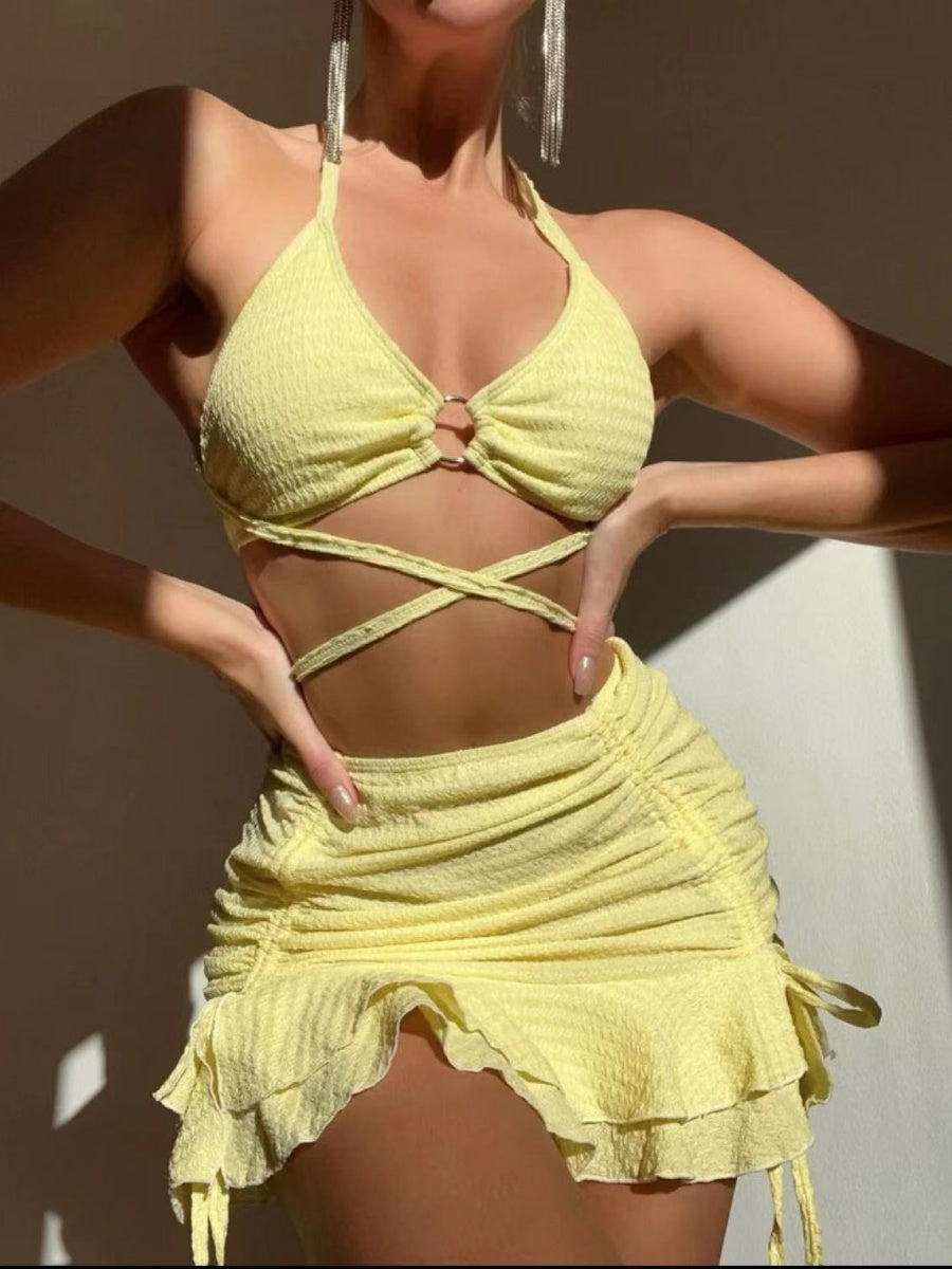 Textured Fabric Strappy Bikini Three-piece Set