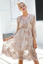 Floral Sequin Mesh Overlay Deep V-Neck Flutter Sleeve Midi Dress