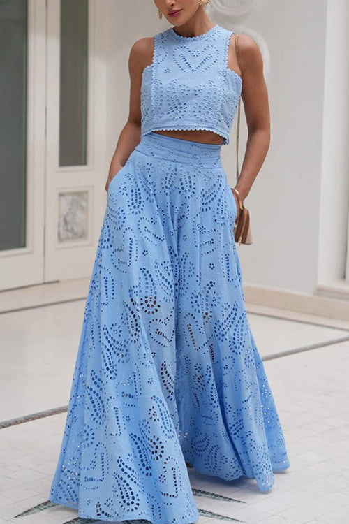 Eyelet Lace Heart Print Scalloped Trim Crop Top Wide Leg Pants Two Piece Set