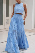 Eyelet Lace Heart Print Scalloped Trim Crop Top Wide Leg Pants Two Piece Set