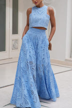 Eyelet Lace Heart Print Scalloped Trim Crop Top Wide Leg Pants Two Piece Set