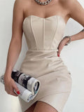 PU Leather Pleated Strapless Mini&Short Dresses