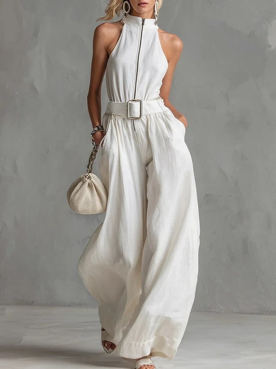 Round Neck Halter Belt Jumpsuit