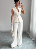 Buttons White V-neck Tank Tops Suit Trousers 2-piece Sets