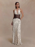 Polka Dots Lace Patchwork Halter Neck Deep V-neck Backless Maxi Dresses