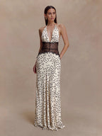 Polka Dots Lace Patchwork Halter Neck Deep V-neck Backless Maxi Dresses