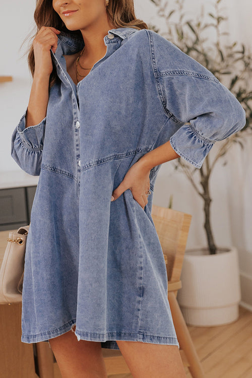 Denim Button Front Chevron Yoke Ruffle Cuff Shirt Mini Dress