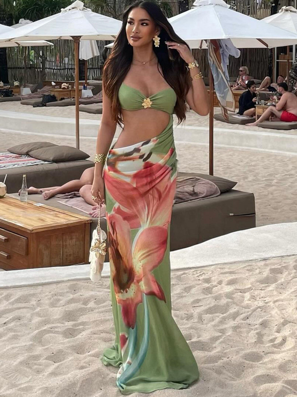 Printed Color Blocking Backless And Navel Exposed Strapless Bra Maxi Dresses