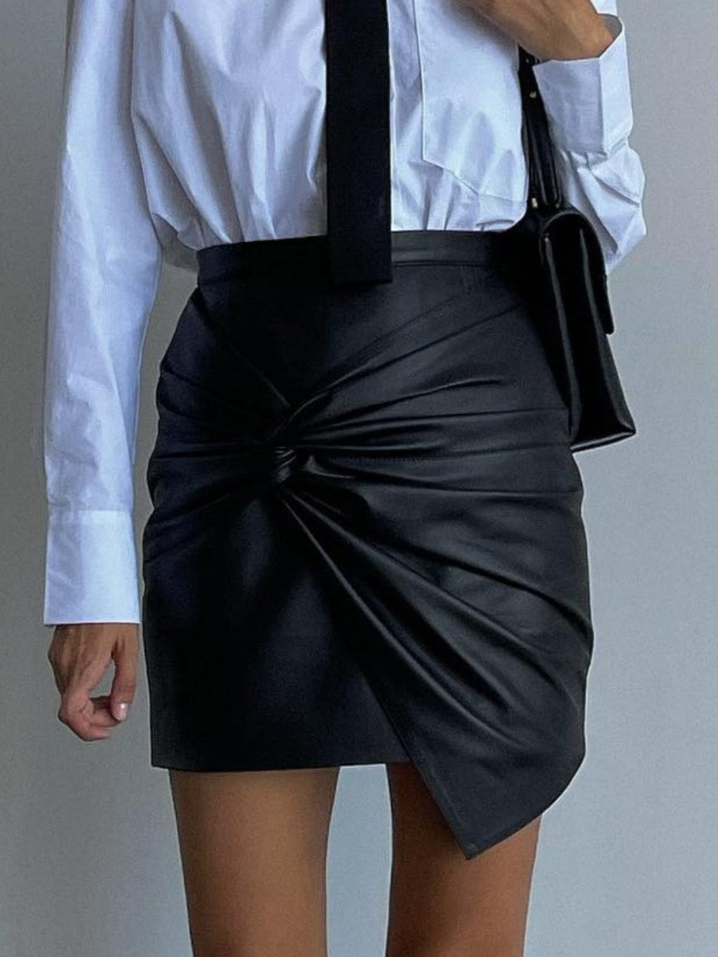 PU Leather Pleated High-waisted Knot Hip Wrap Skirts