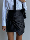 PU Leather Pleated High-waisted Knot Hip Wrap Skirts
