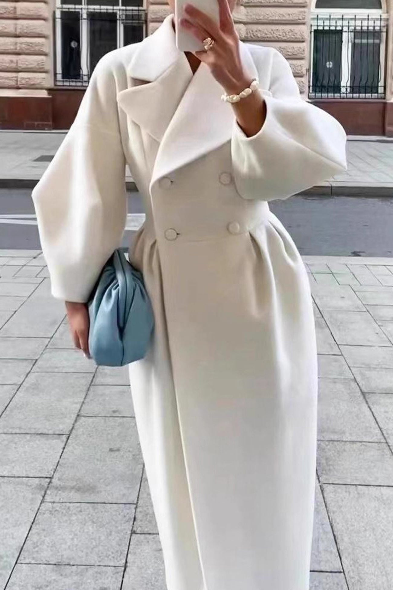 Lapel Lantern Sleeve Button-down Long Coat