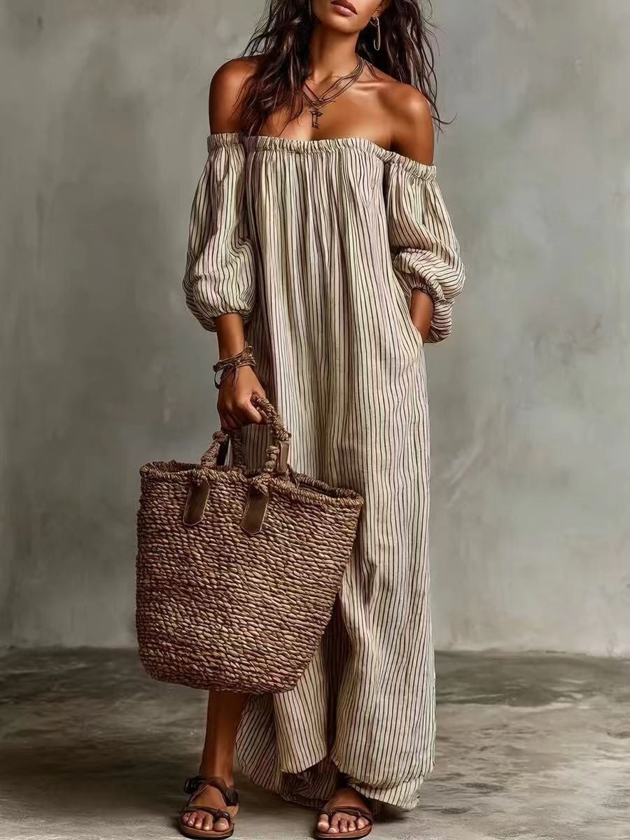 Striped Off-the-shoulder Long Dress