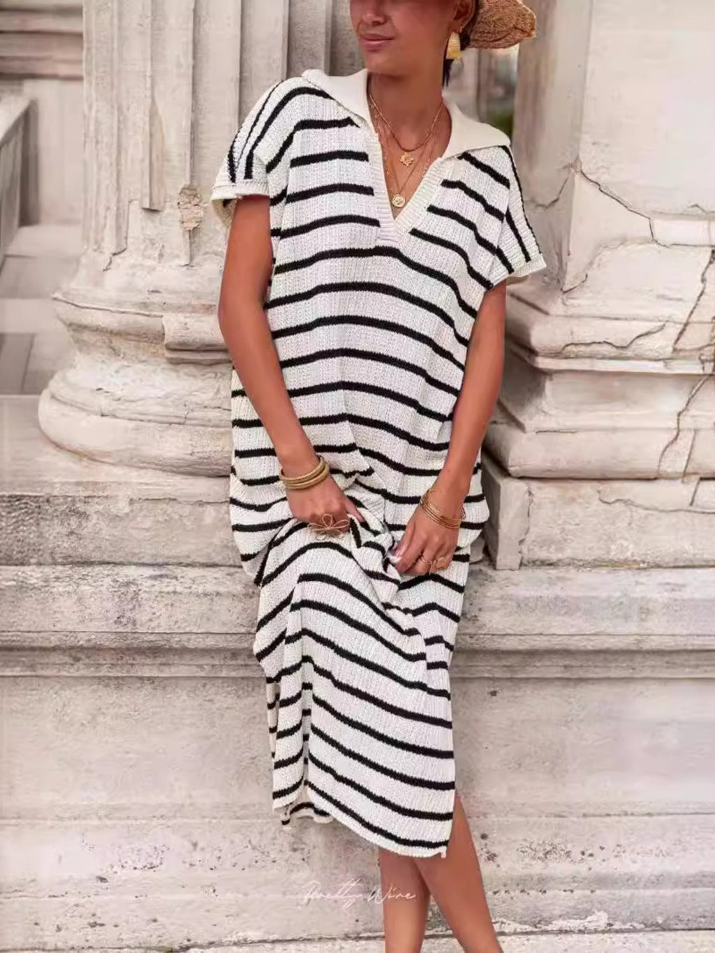 Stripes V-neck Short Sleeve Low-split Lapel Maxi Dresses