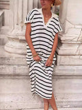 Stripes V-neck Short Sleeve Low-split Lapel Maxi Dresses
