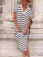 Stripes V-neck Short Sleeve Low-split Lapel Maxi Dresses
