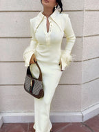 Rib Knit Polo Collar Feather Cuff Maxi Dress