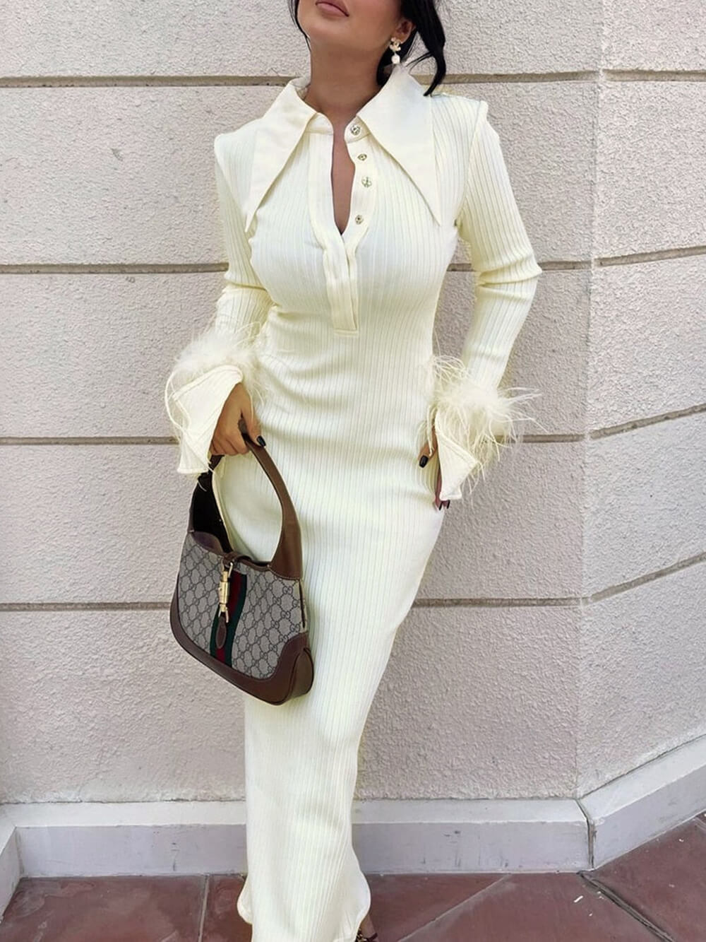 Rib Knit Polo Collar Feather Cuff Maxi Dress