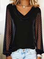 V-neck Mesh Rhinestones Velvet Long Sleeve T-shirts