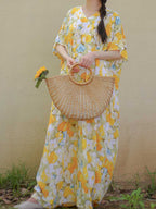 Cotton Yellow Floral Print Kaftan Dress