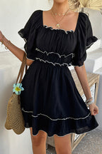 Contrast Trim Off Shoulder Ruffle Neck Smocked Waist Tiered Mini Dress