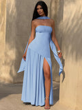 Strapless, Fitted, Solid Color, Open Back, Elegant Long Dress With Ribbons