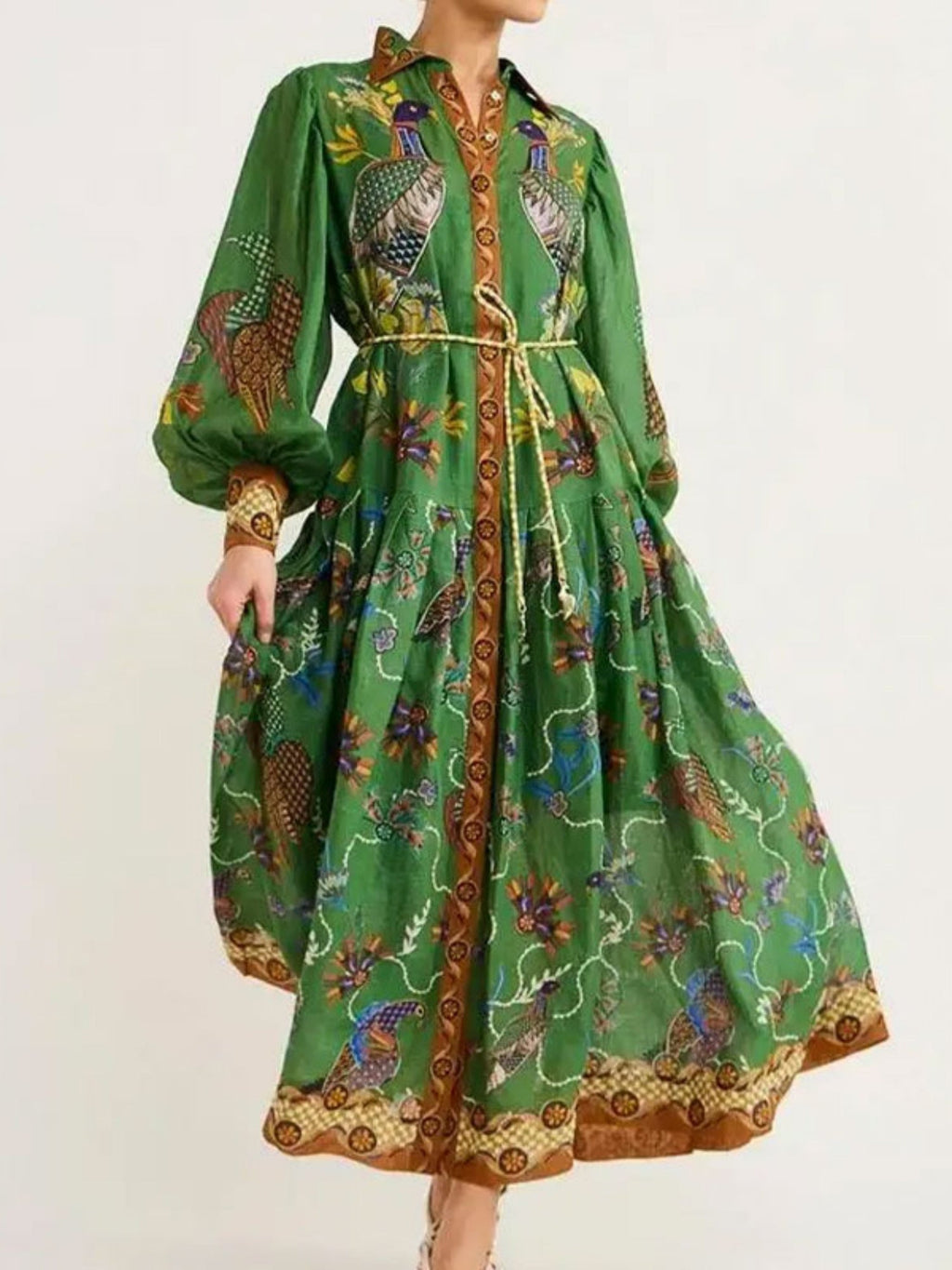 Floral Print Bohemia Polo Collar Lantern Sleeves Maxi Dresses