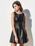 Crew Neck Sleeveless Waist PU Leather Mini&Short Dresses