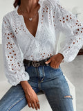 White Long-sleeved V-neck Lace Shirts