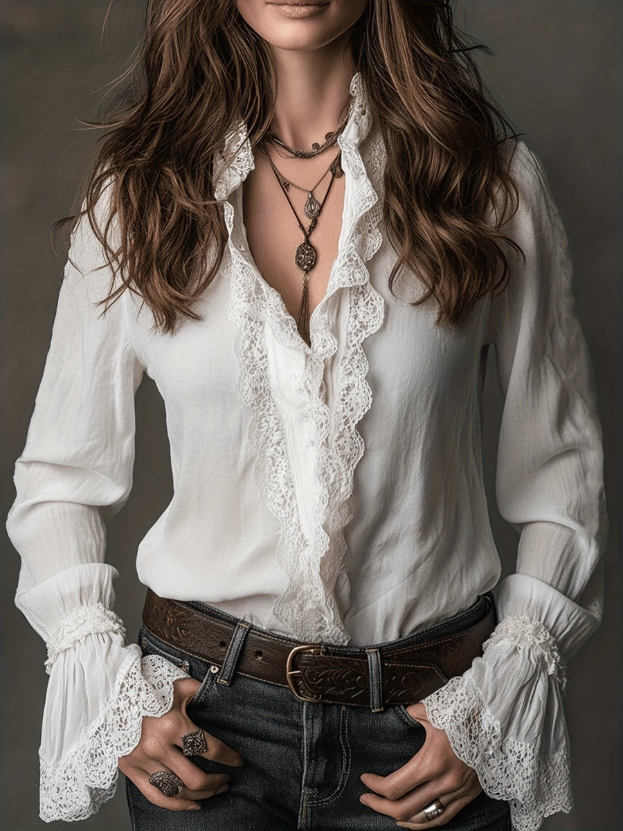White Lace-trimmed Long-sleeved Shirt