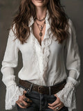 White Lace-trimmed Long-sleeved Shirt
