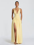 Pleated High Fork Halter Neck And Backless Maxi Dresses