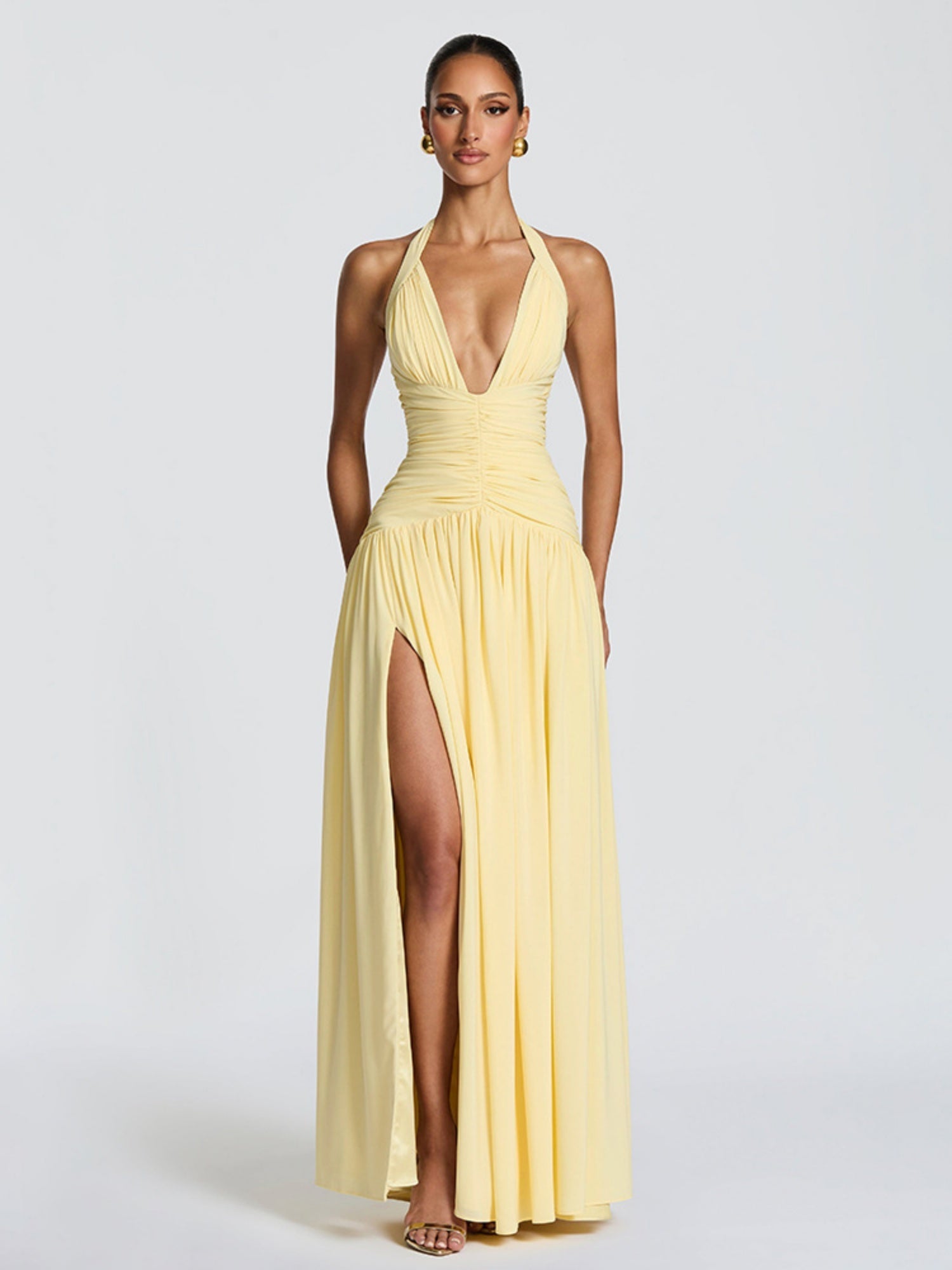 Pleated High Fork Halter Neck And Backless Maxi Dresses