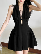 Lace Patchwork Halter Neck Deep V-neck Mini&Short Dresses