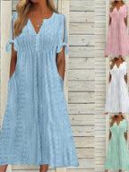Hollow Out Off-shoulder V-neck Lace Ruffles Maxi Dresses