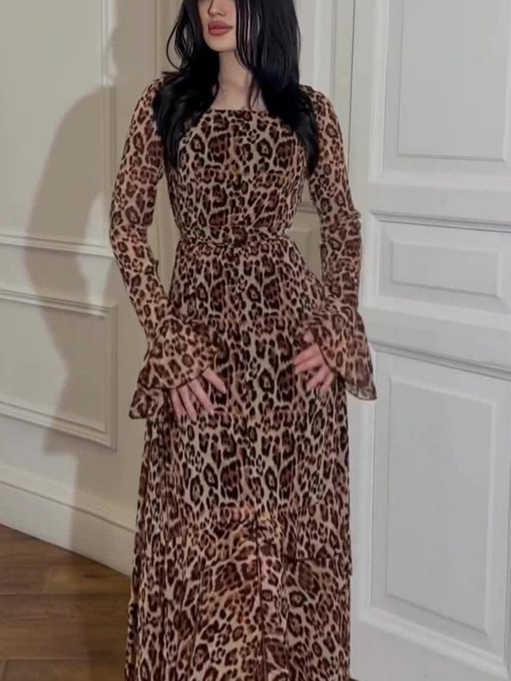 Leopard Print Chiffon Lotus Leaf Sleeves Splicing Maxi Dresses