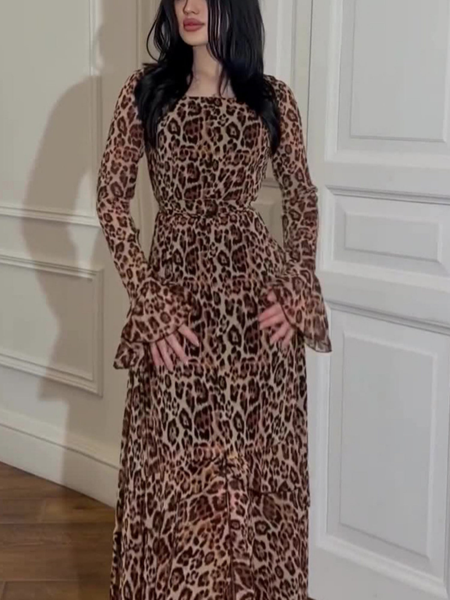 Leopard Print Chiffon Lotus Leaf Sleeves Splicing Maxi Dresses