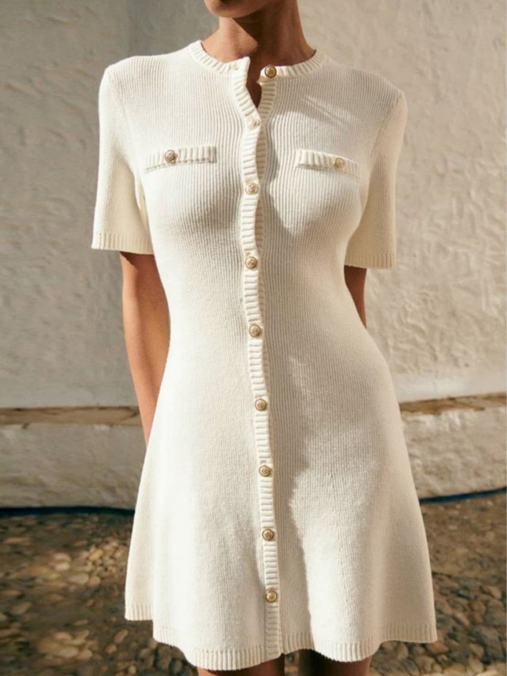 Knitting Buttons Crew Neck Short Sleeve Mini&Short Dresses