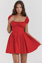 Square Neck Puff Sleeve Button Front Corset Bodice Skater Mini Dress