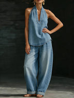 Vintage Distressed Washed Denim Sleeveless Top And Loose-fitting Trousers Two-piece Set
