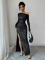 Sequins Sloping Shoulders Slit Sexy Formal Dress Maxi Dresses