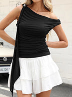 Double-layer Mesh Pleated Ribbon T-shirts