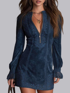 Zipper Lace Trim V-neck Long Sleeve Mini&Short Dresses