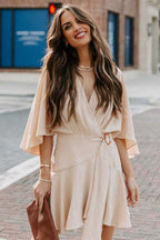 Surplice Wrap Buckle Waist Flutter Sleeve Ruffled Hem Mini Dress