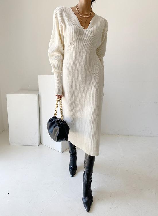 Solid V Neck Midi Knitting Dress