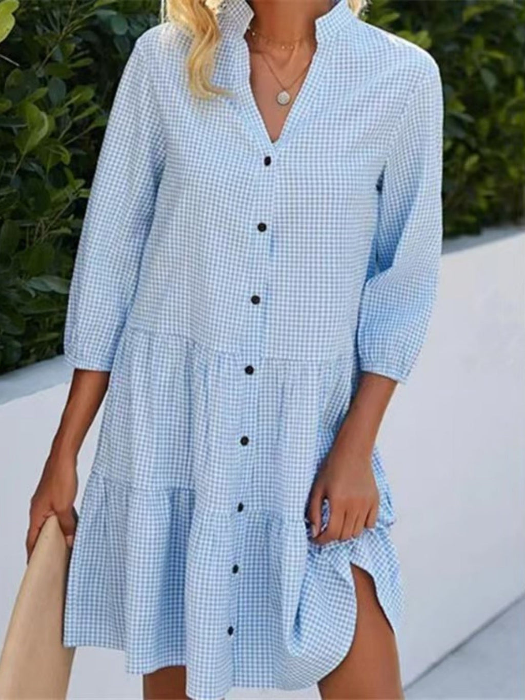 Plaid Buttons Stand Collar And Three-quarter Sleeves Mini&Short Dresses